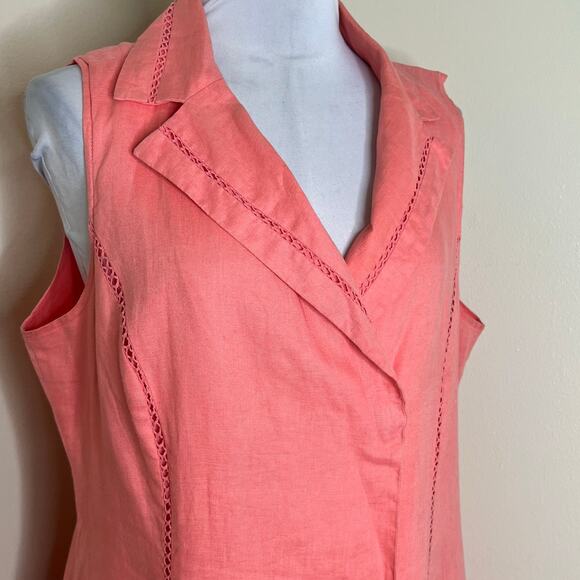 Jones New York Linen Wrap Dress 16 Womens Plus Coral Knee Length Collared A-Line - Picture 5 of 9